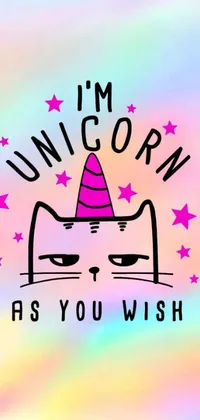 This live wallpaper for your phone features a whimsical and playful cat donning a hat proudly displaying the phrase "I'm a Unicorn as You Wish