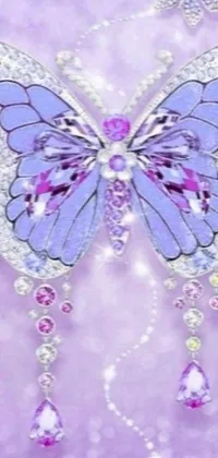 This phone live wallpaper showcases a close-up of a butterfly on a purple background, made of crystal and draped in sparkling crystals