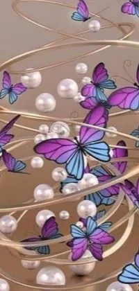 This live wallpaper showcases a stunning design of purple and blue butterflies and pearls against a digital art backdrop, with intricate golden ratio jewelry lights