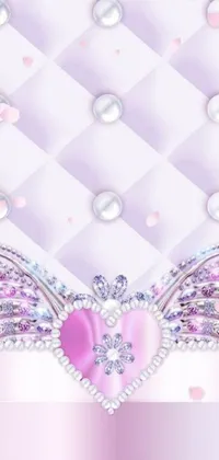 This phone live wallpaper showcases a heart with wings and pearls against a soft pink background