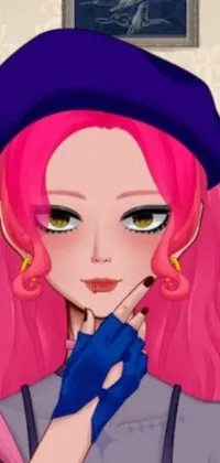 This mobile live wallpaper showcases a stunning woman with vibrant pink hair and blue gloves, dressed in a classic rococo style with a sophisticated beret, perfect face details, and an overall trendy mobile game design