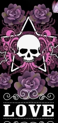 Decorate your phone screen with this captivating phone live wallpaper featuring a gothic art style digital rendition of a skull and roses on a black background