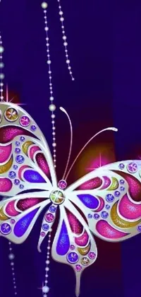 This phone live wallpaper depicts a detailed butterfly on a purple background with accompanying crystals
