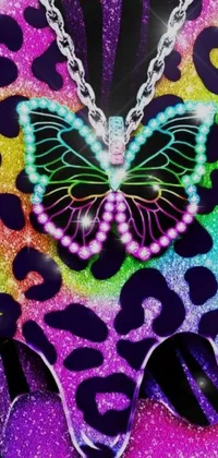 This phone live wallpaper is a colorful rendering of a neon purse with a beautiful butterfly accessory