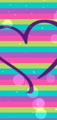 This livewallpaper features a heart design set against a colorful striped background, with vibrant shades of pink, purple, blue, green, and yellow