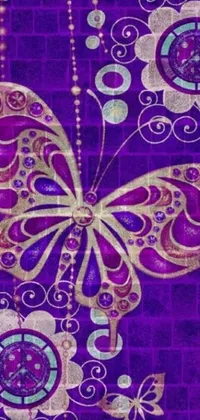 This phone live wallpaper features a highly detailed, digitally rendered butterfly on a vibrant, purple background