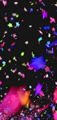 Looking for an exciting phone wallpaper to add some personality to your screen? Look no further than this stunning digital art piece, featuring a vibrant display of colorful stars and confetti falling gently against a sleek black background