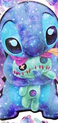 This phone live wallpaper showcases a charming stuffed animal on a floral bed, set in a surreal nebula