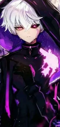 This live wallpaper features an anime-style drawing of a person wearing a black hoodie and a black and violet costume with short, bobbed white hair and silver eyes