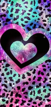 This live phone wallpaper features a leopard print case with a heart, surrounded by a colorful, tumblr-inspired background