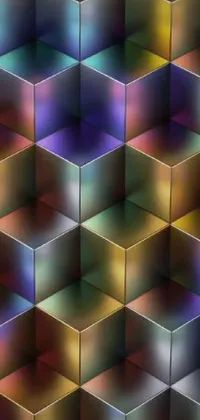 This modern phone live wallpaper features a stunning raytraced image of iridescent crystal cubes stacked on top of each other
