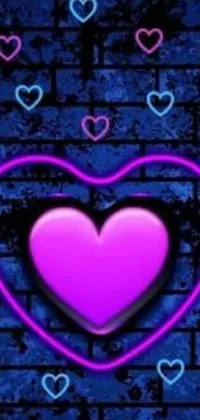 This live wallpaper showcases a heart-shaped neon sign in front of a brick wall, creating a magical ambiance with blue, black, and pink hues