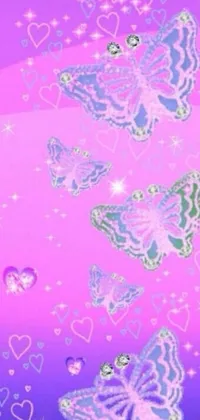 This phone wallpaper showcases a colorful, butterfly and heart-filled design with a dreamy, Tumblr-inspired, faded pink overlay, perfect for adding some fun and whimsy to your phone screen