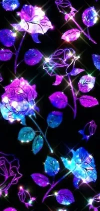 This live phone wallpaper showcases a gorgeous array of purple and blue flowers set on a sleek black background