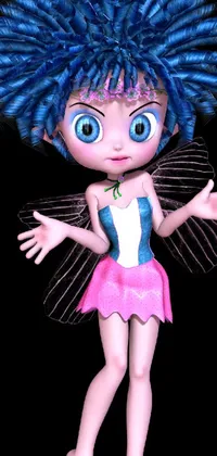 This phone live wallpaper showcases a vibrant cartoon fairy wearing a pink dress and blue hair
