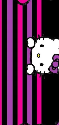 This phone live wallpaper features a playful design with the iconic Hello Kitty character against a pink and purple striped background