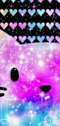 This phone wallpaper showcases the beloved Hello Kitty character against a black background with colorful pink hearts