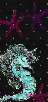 This phone live wallpaper features a vibrant painting of a sea horse, set against a sparkly black background