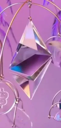 This live phone wallpaper features a stunning display of crystal ornaments hanging from a tree, a mesmerizing hologram, and instagram-inspired cubism