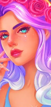This phone's live wallpaper features an eye-catching portrait of a girl with purple hair adorned with flowers
