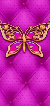 This exquisite phone live wallpaper showcases a stunning purple quilt with an elegant golden butterfly, designed in intricate art nouveau style
