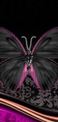 This gothic-inspired live wallpaper features a stunning purple and black butterfly perched on a luxurious couch