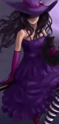 This captivating live wallpaper features a woman wearing a long purple dress flying on a broom through a beautifully airbrushed night sky