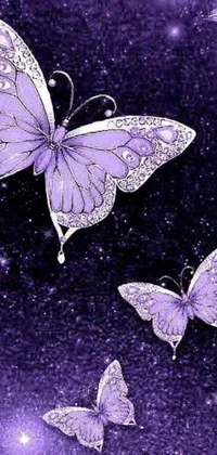This phone live wallpaper showcases a glittery group of purple butterflies soaring through the night sky