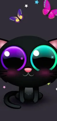 This phone wallpaper features an adorable black cat with glowing eyes and stars in the background