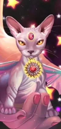 This customizable phone live wallpaper features a beautifully painted close-up of a cat sitting on a hand