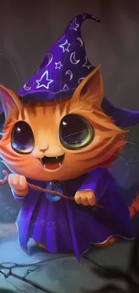 This live phone wallpaper showcases an enchanting chibi-style cat dressed in a witch outfit