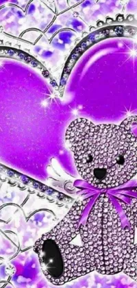 Get this vibrant phone live wallpaper featuring a cute purple teddy bear holding a heart-shaped balloon designed with a crystal and diamond-filled background