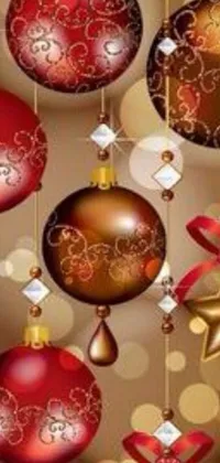 Featuring Christmas ornaments hanging from strings, this live wallpaper adds a touch of elegance to your phone with its brown, red, and gold tones