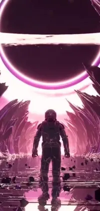 This space-themed live wallpaper features an individual in a specialized suit walking through a tunnel, gazing out at a stunning pink ocean
