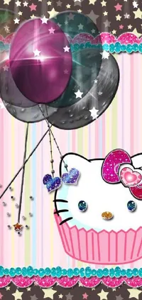 This lively phone live wallpaper boasts a cheerful hello kitty birthday card featuring festive balloons and a decadent cupcake