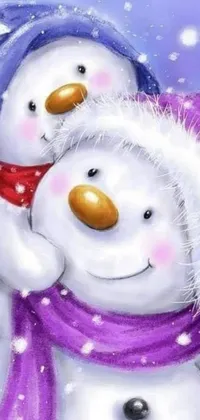 This live wallpaper depicts a cute image of two snowmen cuddling and smiling in the snow