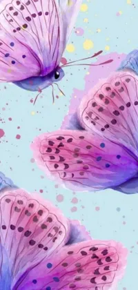 This live phone wallpaper displays a serene blue background with three graceful butterflies in soothing shades of purple and blue