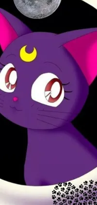 This phone wallpaper presents a close-up of a charming cat with big pink eyes in a dark purple color scheme