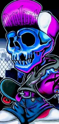 This mobile live wallpaper features a trendy skateboard-themed design with a graffiti-style background