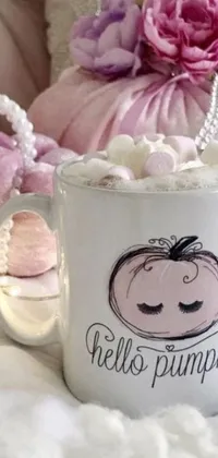 This cozy phone live wallpaper depicts a cup of hot chocolate with marshmallows