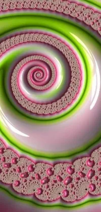 This phone live wallpaper features a beautiful digital art image of a pink and green spiral, inspired by fractal patterns
