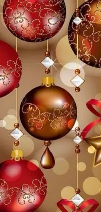 This live wallpaper boasts a cluster of Christmas ornaments hanging on strings against the backdrop of brown hues