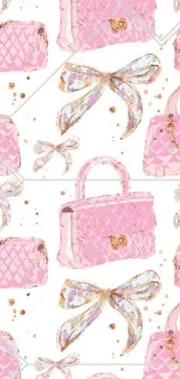 Add a touch of femininity to your phone's home screen with this charming live wallpaper featuring a delightful pattern of pink purses and bows on a lovely white background