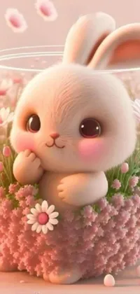 Pink Bunny in Flower Filled Glass Live Wallpaper - free download