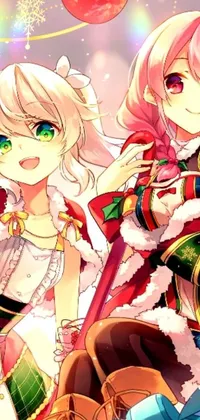 This live wallpaper features two anime girls wearing festive clothing standing close-up together