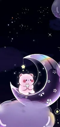 This pink live wallpaper features a teddy bear sitting on a crescent in a dreamy sky, floating among fluffy clouds