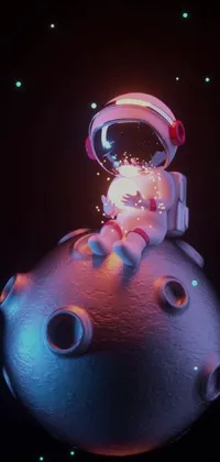 This live wallpaper depicts an astronaut sitting atop the moon, gazing in amazement at the vast galaxies and stars above