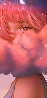 This live wallpaper features a gorgeous digital painting of a young anime girl with short pink hair and big blue eyes