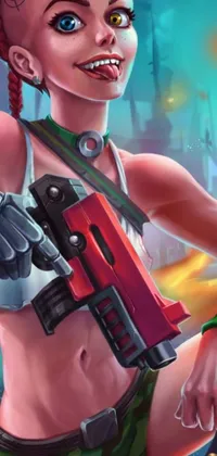 This phone wallpaper showcases a fierce woman with bright red hair holding a gun
