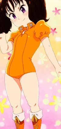 This stunning phone live wallpaper depicts a female character wearing an orange bodysuit while standing in a beautiful field of flowers